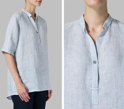Light Blue Stripe Linen Shirt Collar Blouse Set