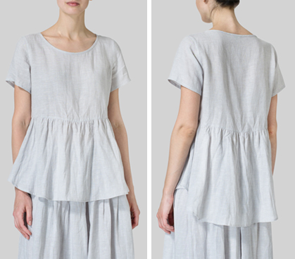Warm Gray Linen Short Sleeve Pleated Blouse Set