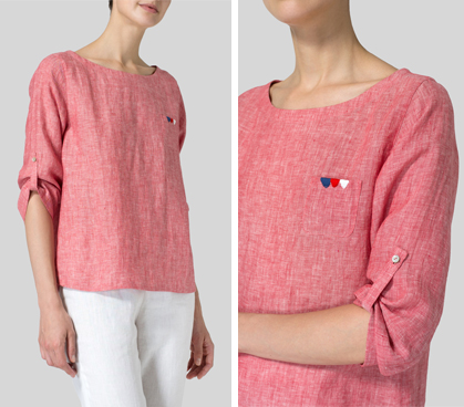 Linen Collarless Three-quarter Sleeve Top