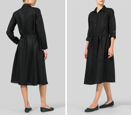 Black Linen Long-Sleeve Waist-Tie Dress