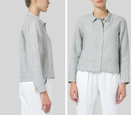 Light Gray Linen Cropped Shirt Jacket with Pockets
