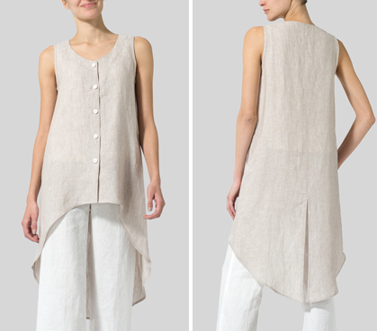 Two Tone Beige Linen Asymmetrical Hem Tail Top
