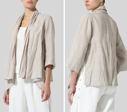 Two Tone Beige Linen Shawl Collar Jacket