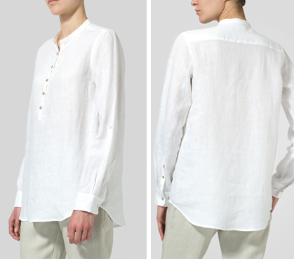 White Linen Mandarin Collar Shirt