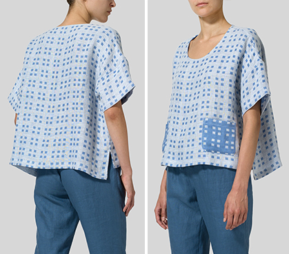 White Blue Checked Layered Linen Half Sleeve Top