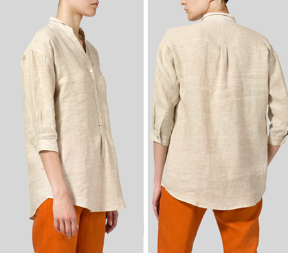 Sand Linen Blouse With V-neck Mandarin Collar Set