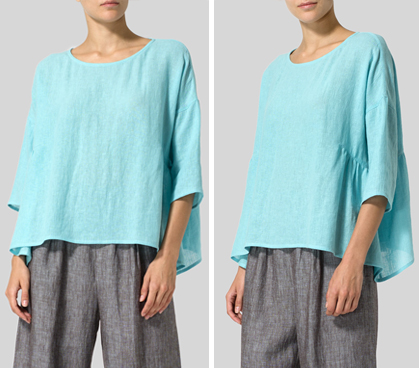 Turquoise Linen Boxy Asymmetrical Hem Top