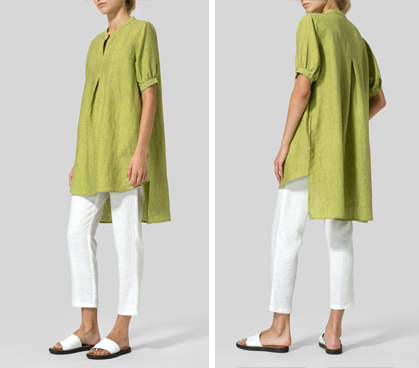 Lime Olive Green Linen Mandarin Collar A Shape Blouse