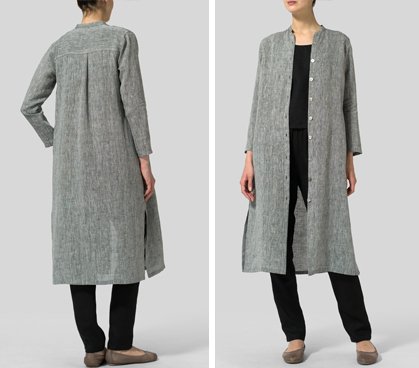 Two Tone Black Linen Long Slim Shirt Dress