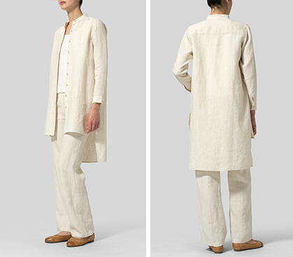 Sand Linen Mandarin Collar Long Sleeve Jacket