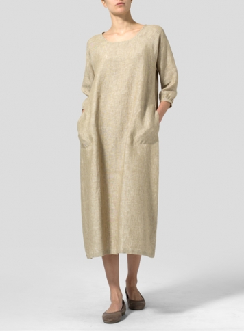 Khaki Beige Linen Elbow Sleeve Long Dress