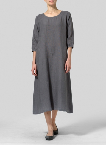 Dark Gray Linen Elbow Sleeve Long Dress