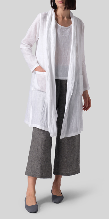 White Linen Open-Front Shawl Collar Jacket