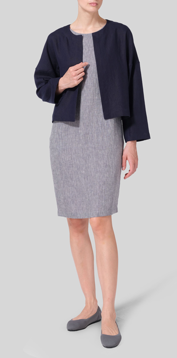 Linen Open-Front Long Sleeve Cropped Jacket with Dress