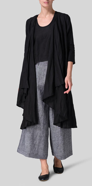 Black Linen Long Waterfall-Front Jacket Set