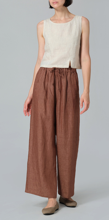 Cinnamon Linen Straight Elastic Long Pants