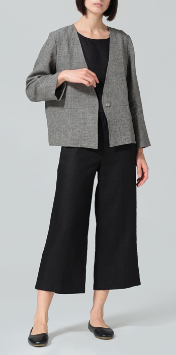 Two Tone Charcoal Linen Classic Single-Button Long Sleeves Jacket