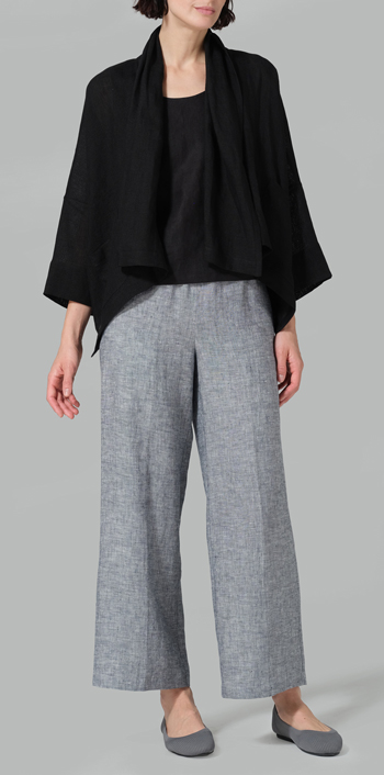 Black Linen Shawl Collar Open Front Cropped Jacket