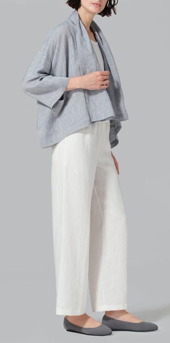 Two Tone Gray Linen Shawl Collar Open Front Cropped Jacket
