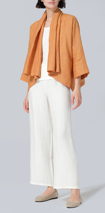 Golden Brown Linen Shawl Collar Open Front Cropped Jacket