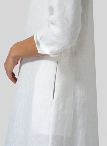 White Linen V-neck Mandarin Collar Dress Tunic
