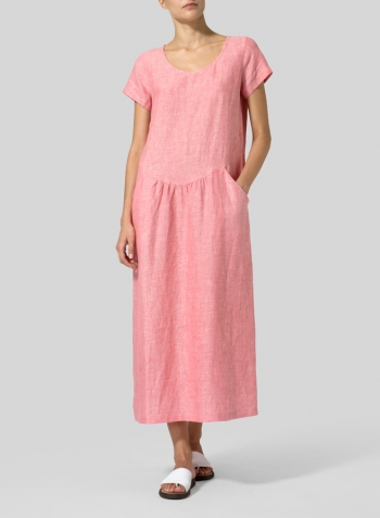Sakura Pink Linen Short Sleeve Midi Dress