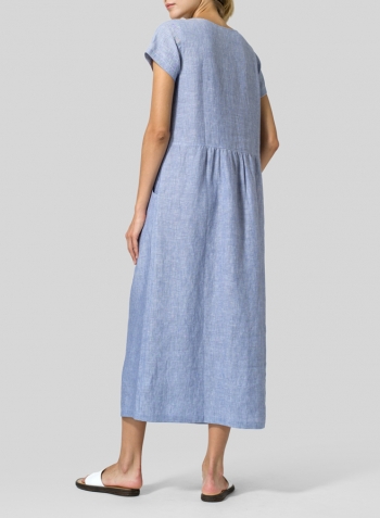 Pale Blue Linen Short Sleeve Midi Dress