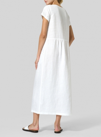 White Linen Short Sleeve Midi Dress