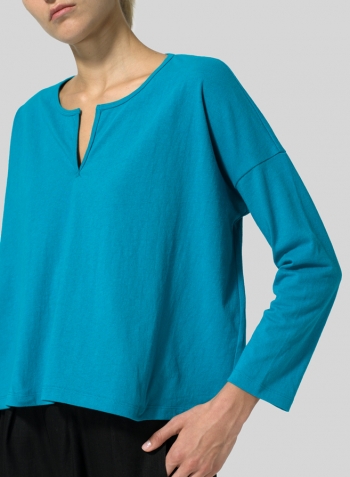 Dark Turquoise Medium Weight Cotton V-neck Boxy Top