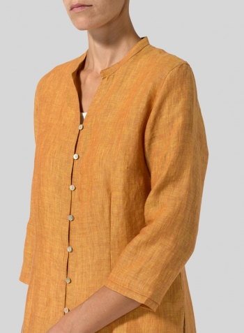 Golden Brown Linen V-neck Stand Collar Long Blouse