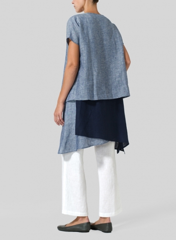 Two Tone Blue White Navy Linen Layered Top