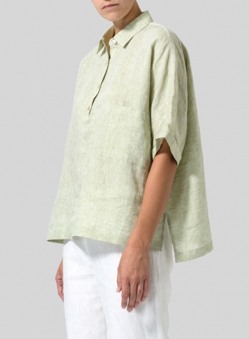 Light Olive Linen Classic Collar Short Sleeves Shirt Set