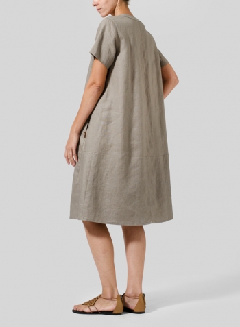 Taupe Brown Heavy Linen Short-Sleeve Heart-Neck Dress