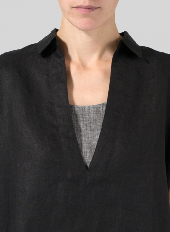 Black Linen Short Sleeve Deep V-Neck Tunic