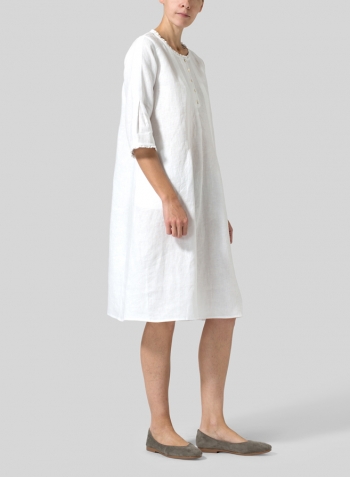 White Linen Embroidered Hemline Dress