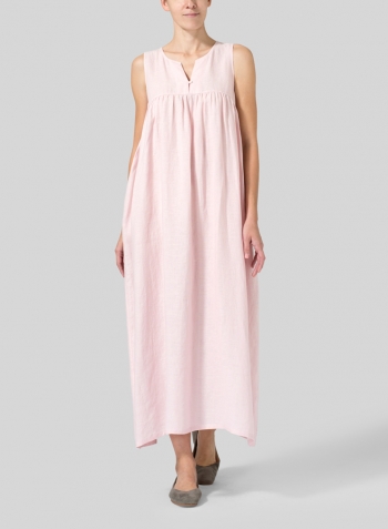 Baby Pink Linen Sleeveless Pleated Maxi Dress