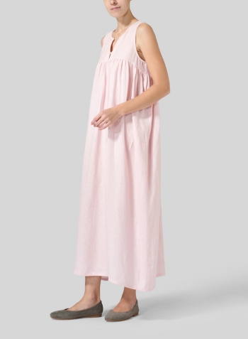 Baby Pink Linen Sleeveless Pleated Maxi Dress