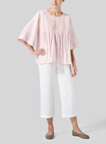 Baby Pink Linen Hand-Made Pleated Bell Sleeve Blouse