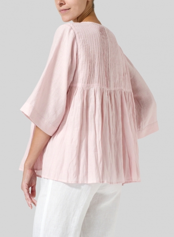 Baby Pink Linen Hand-Made Pleated Bell Sleeve Blouse