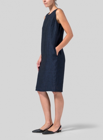 Denim Blue Linen Sleeveless Mid-Length Dress