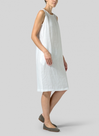 White Linen Sleeveless Mid-Length Dress