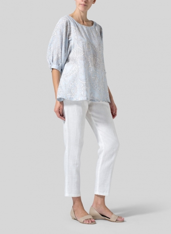 Blue Paisley Waves Linen Pleated Sleeve Top