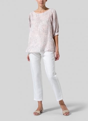 Pink Paisley Waves Linen Pleated Sleeve Top