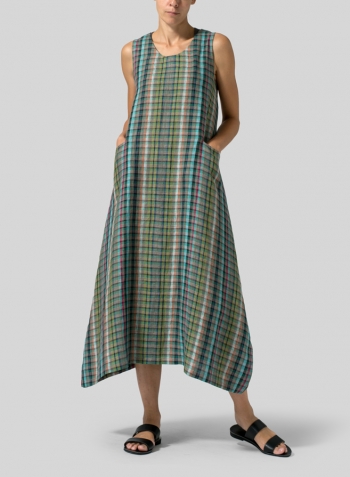 Green Check Linen Sleeveless Long Dress