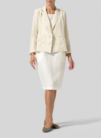 Sand Linen Double-Breasted Cropped Blazer Set