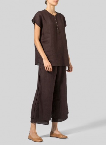 Brown Linen Cape Sleeves Lightweight Top Set