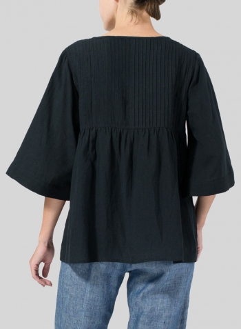 Black Linen Hand-Made Pleated Bell Sleeve Blouse