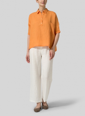 Orange Linen Classic Collar Short Sleeves Shirt