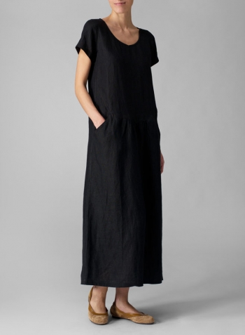 Black Linen Short Sleeve Dress
