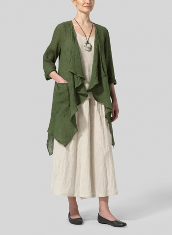 Linen Gauze Waterfall-Front Jacket With Necklace